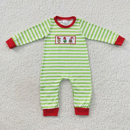 LR0387 Baby Girl Long Sleeves One Piece Christmas Embroidery Green Dots Romper