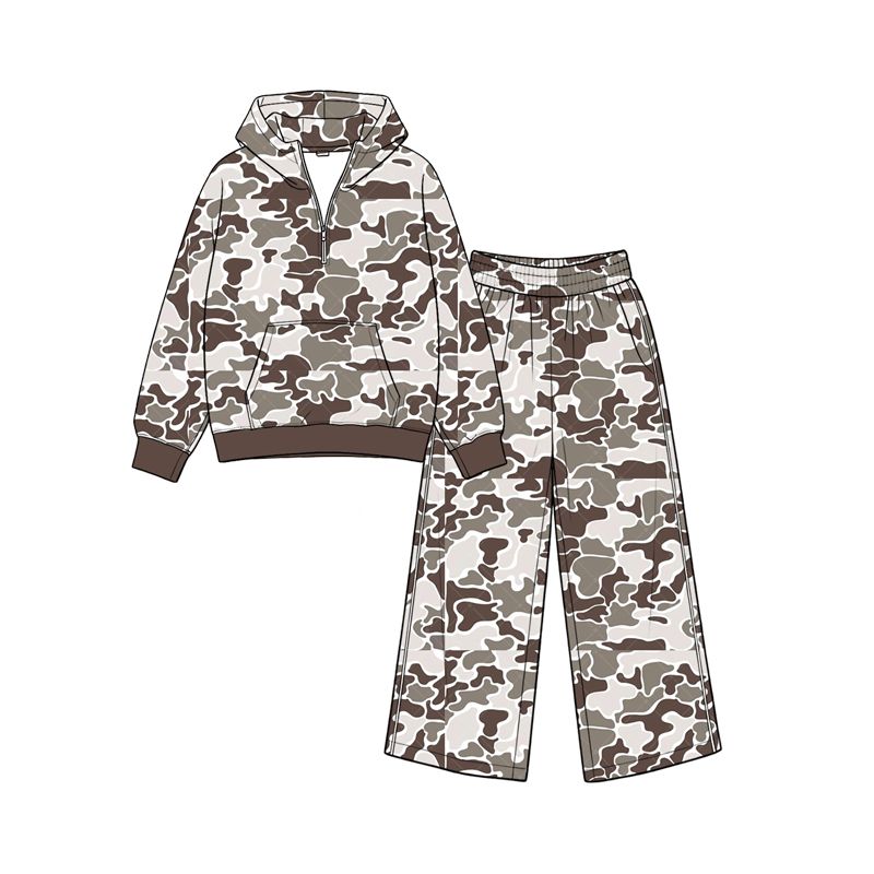 ( Moq 5 ) Preorder Baby Girls Kids Hoodie Zipper Shirt Pockets Pants Camo Set Clothes