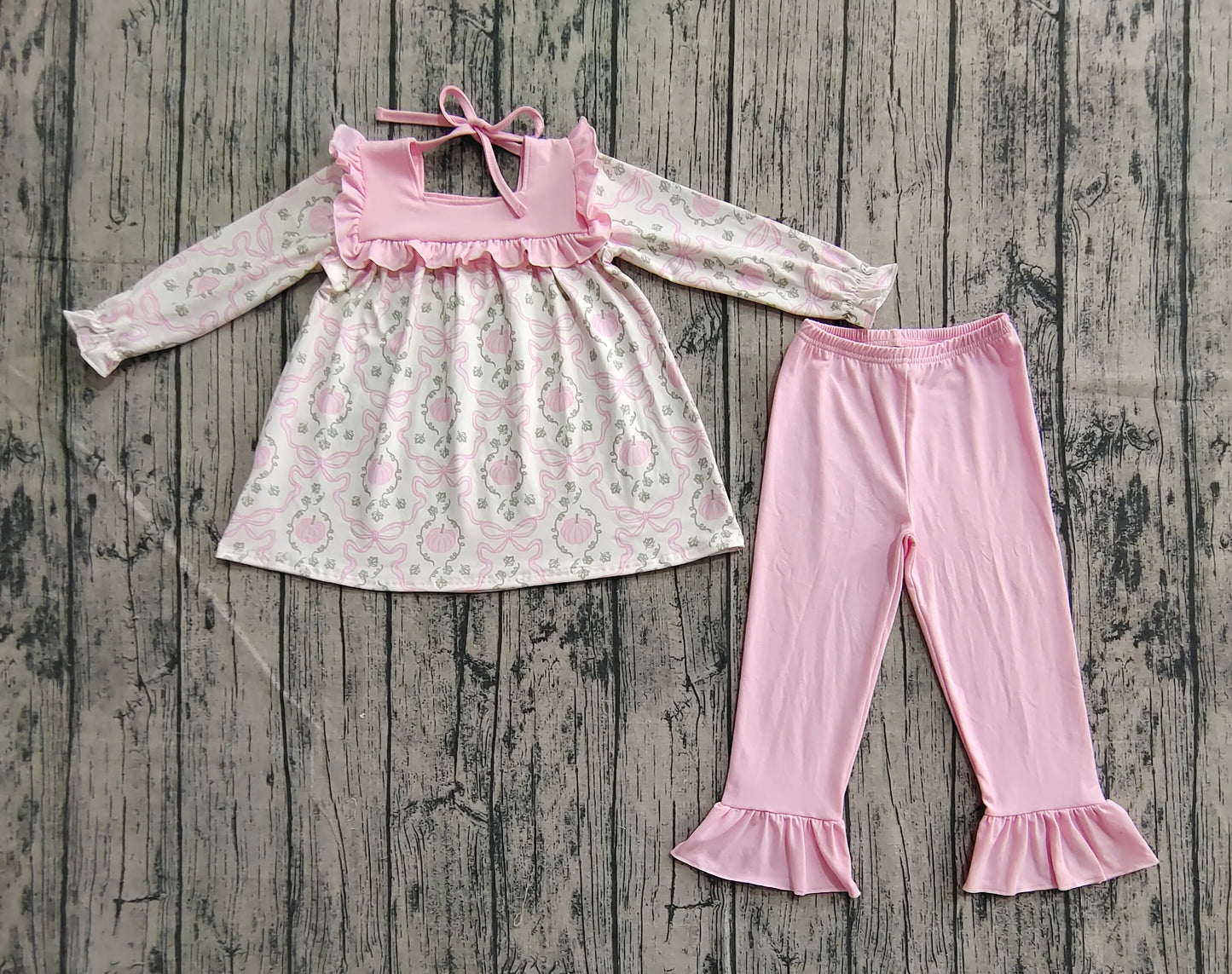 Baby Girl Long Sleeves Pumpkin Bows Tunic Pink Ruffle Pants Set RTS