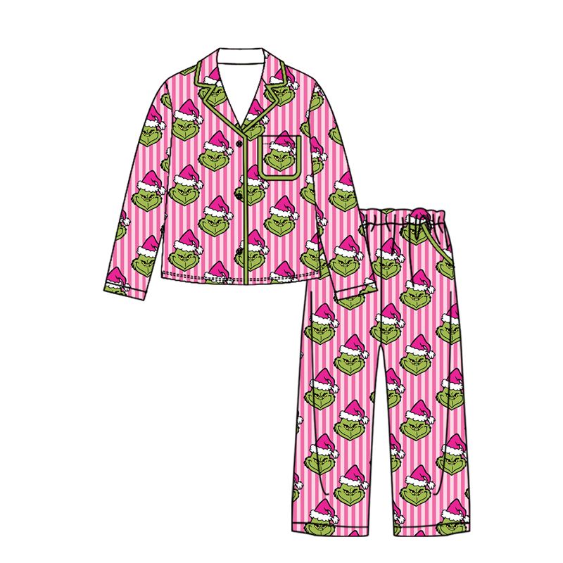 ( Moq 5 ) Preorder Adult Women Christmas Green Face Stripes Buttons Shirt Pockets Pants Pajamas Set Clothes