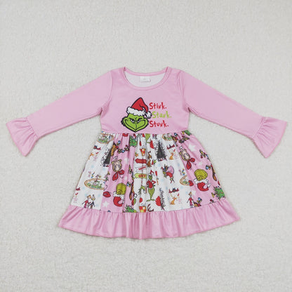 GLD0457 Baby Girl Christmas Face Long Sleeves Pink Dress