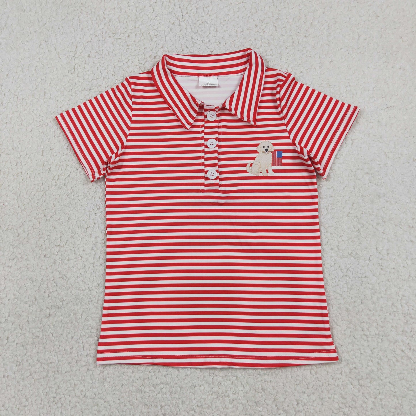Boys Kids Short Sleeves Dog Flag Red Stripes 4th of July Buttons Shirt Tops RTS