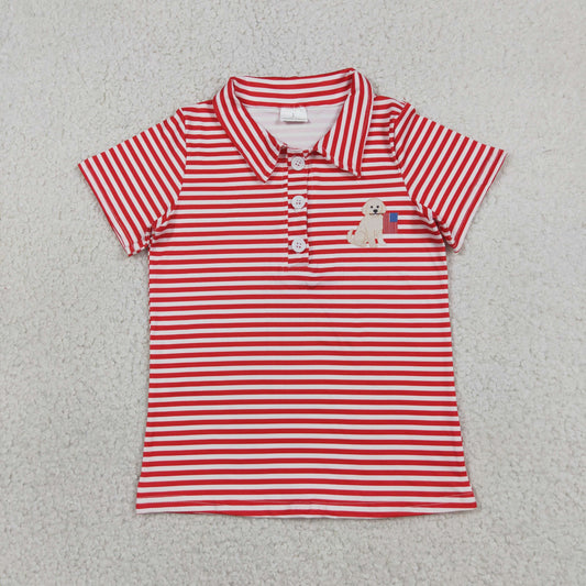 Boys Kids Short Sleeves Dog Flag Red Stripes 4th of July Buttons Shirt Tops RTS
