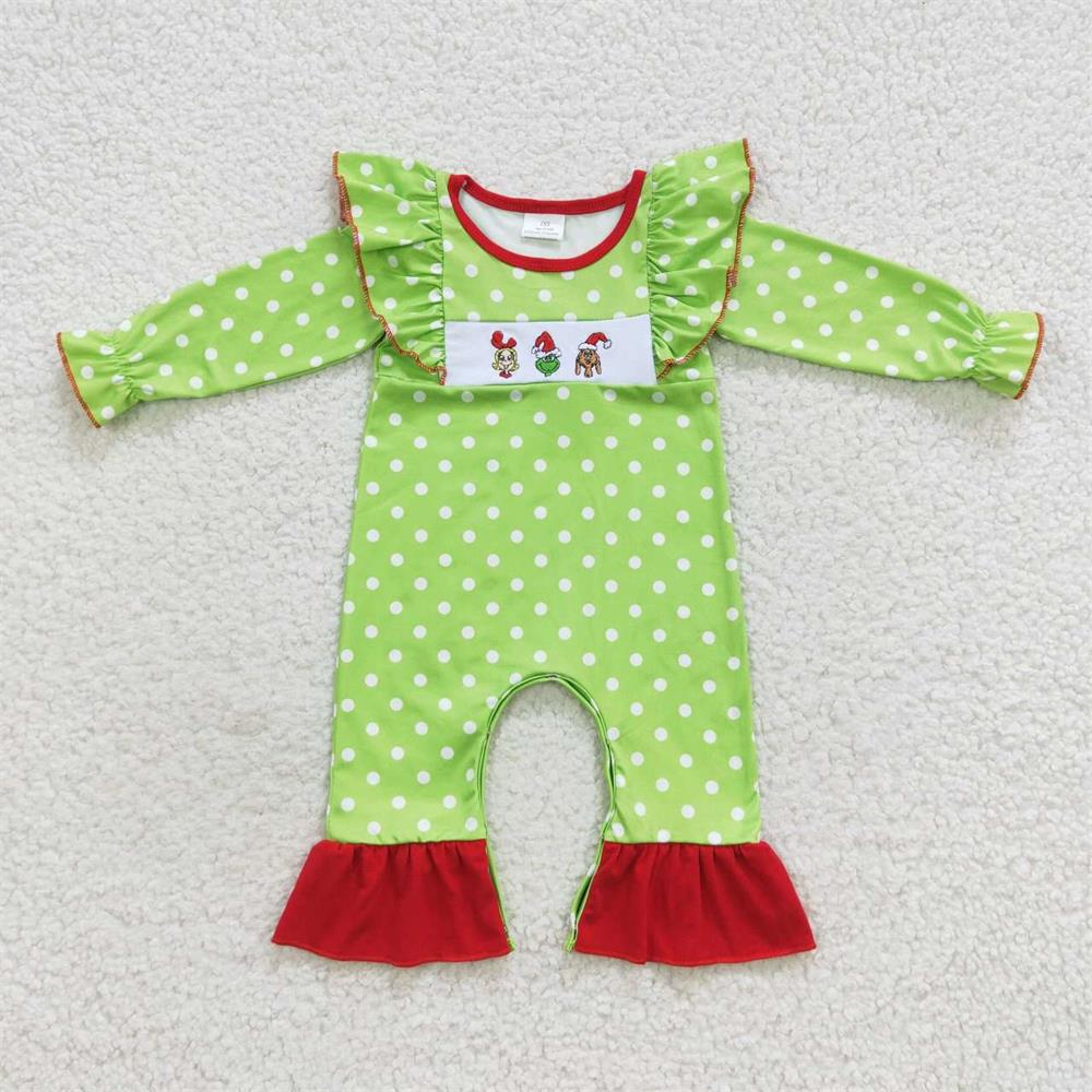 LR0387 Baby Girl Long Sleeves One Piece Christmas Embroidery Green Dots Romper