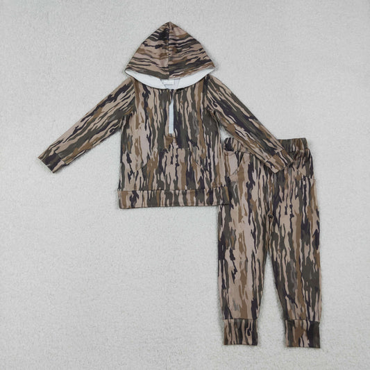 Boys Kids Long Sleeves Camo Hoodie Zipper Pullover Pockets Pants Clothes Set RTS