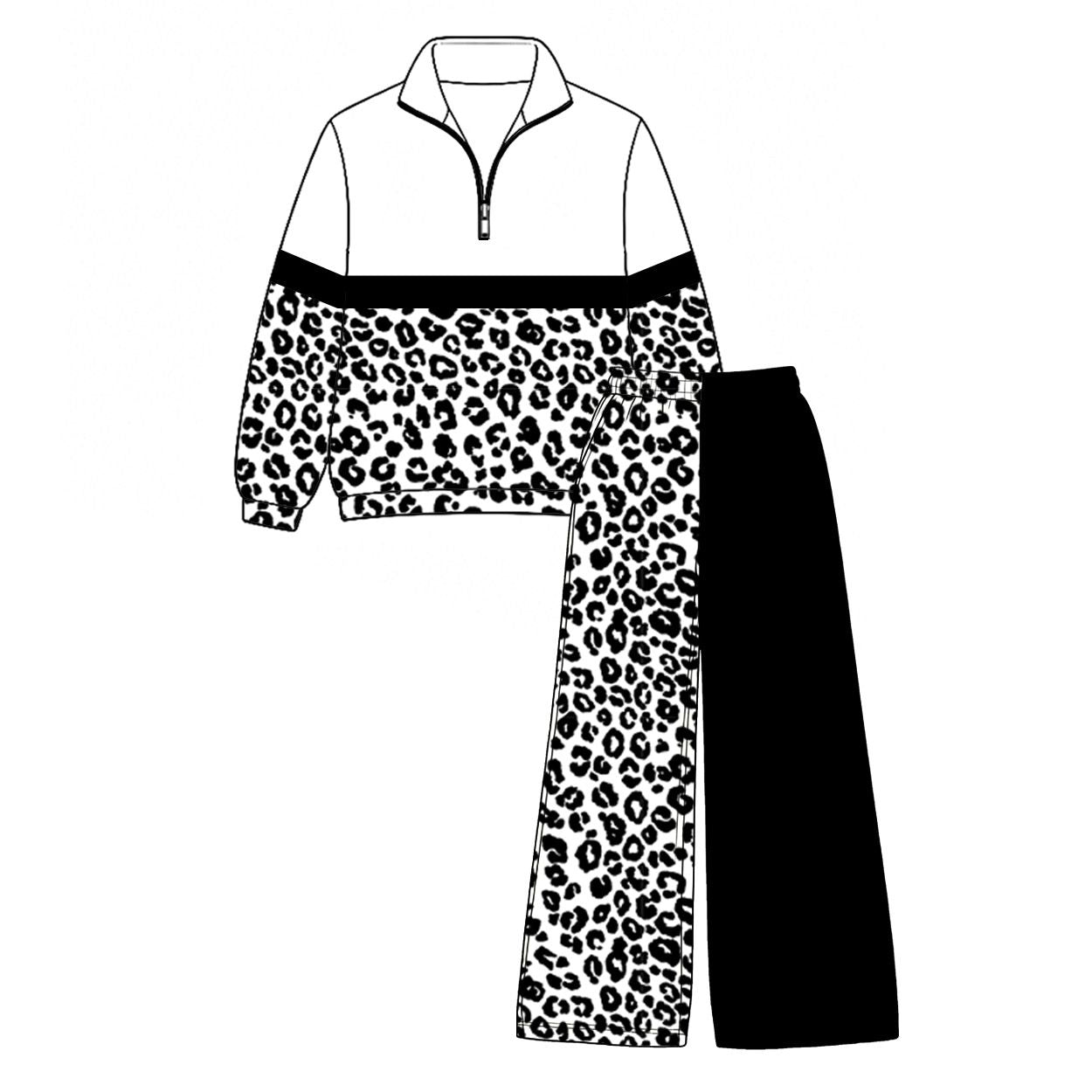 ( Moq 5 ) Preorder Baby Girls Kids Long Sleeves Zipper Leopard Pullover Black Pockets Pants Set Clothes