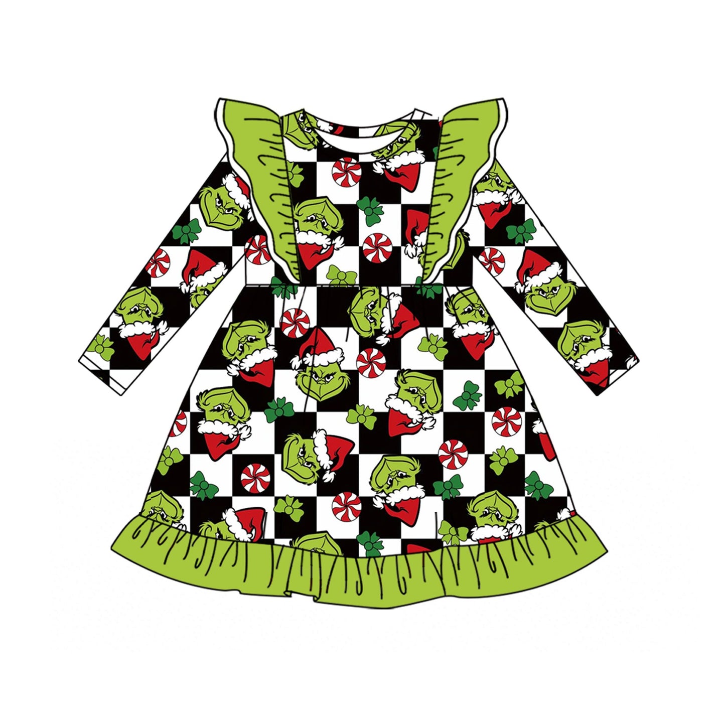 ( Moq 5 ) Preorder Baby Girls Kids Christmas Green Face Ruffle Knee Length Dress Clothes