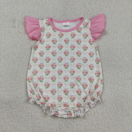 Baby Girls Infant Short Sleeves Flowers Bows Bubble Romper RTS