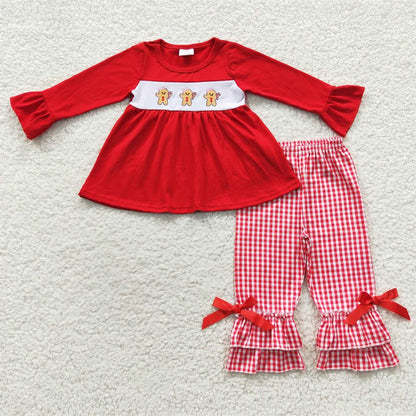 GLP0506 Baby Girl Red Long Sleeves Tunic Pants Gingerbread Embroidery Outfit Pajamas