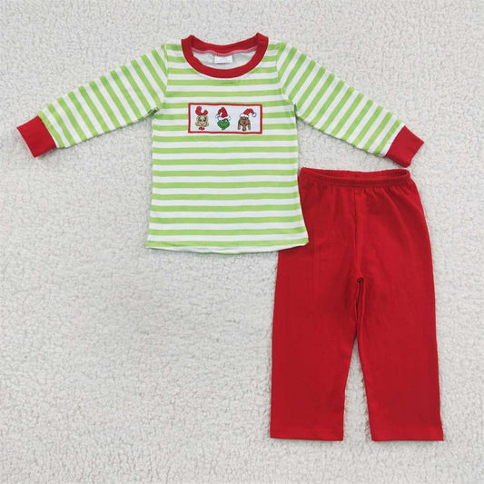 Sibling Baby Boys Kids Long Sleeves Green Face Shirt Red Pants Embroidery Christmas Outfit RTS