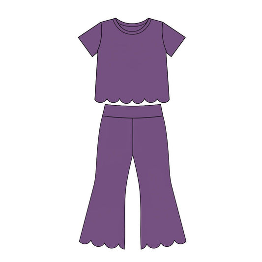 ( Moq 5 ) Preorder Baby Girls Kids Short Sleeves Purple Shirt Pants Scallop Set Clothes