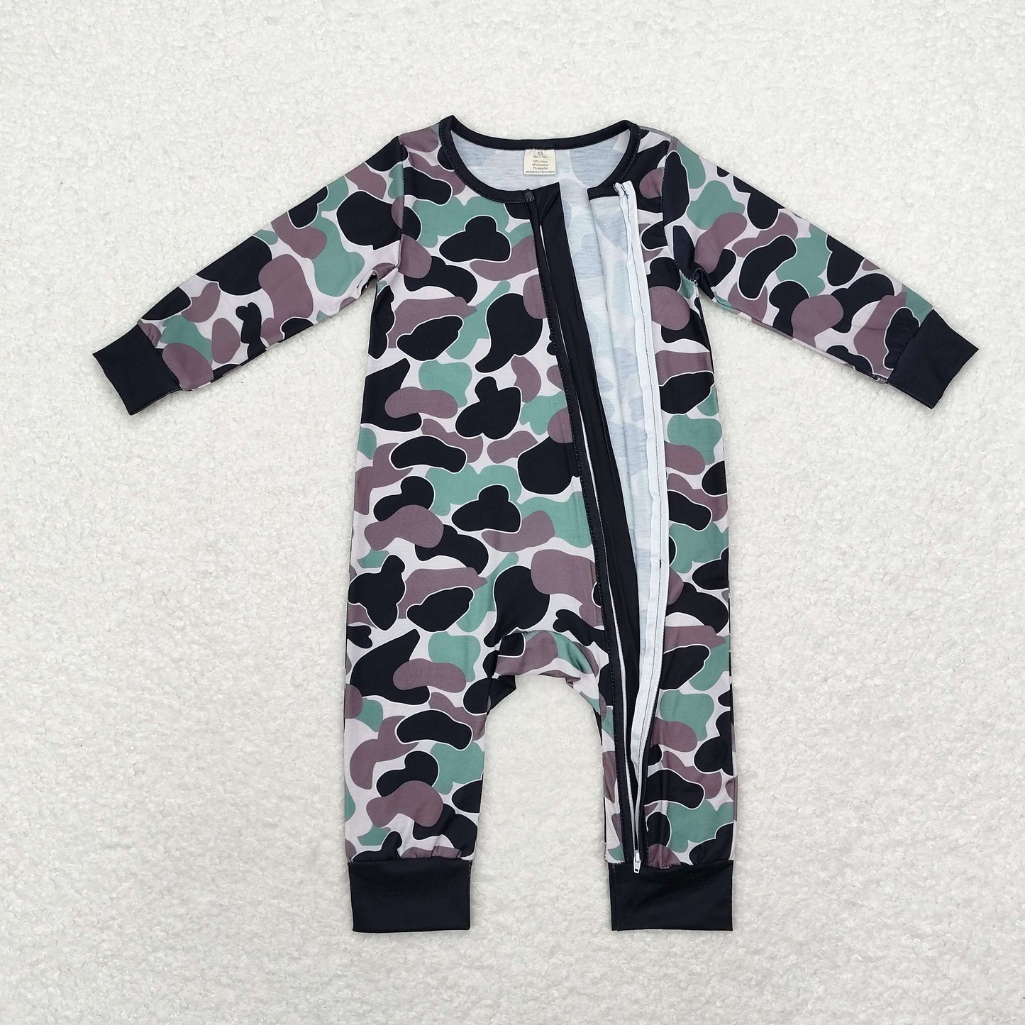 Baby Boy Long Sleeves Green Brown Camo Zipper Bamboo Romper