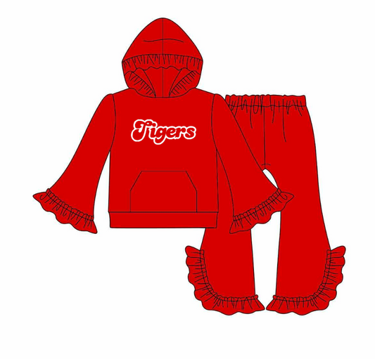 Baby Girl Toddler Long Sleeves Tigers Hoodie Shirt Ruffle Pants Red Set ( Moq 60 )