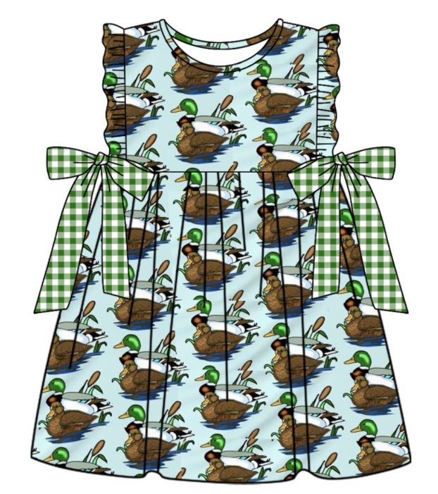 Baby Boy Girl Duck Plaid Bows Sibling Matching Green Dress Romper Clothes Set ( Moq 5 Each style )