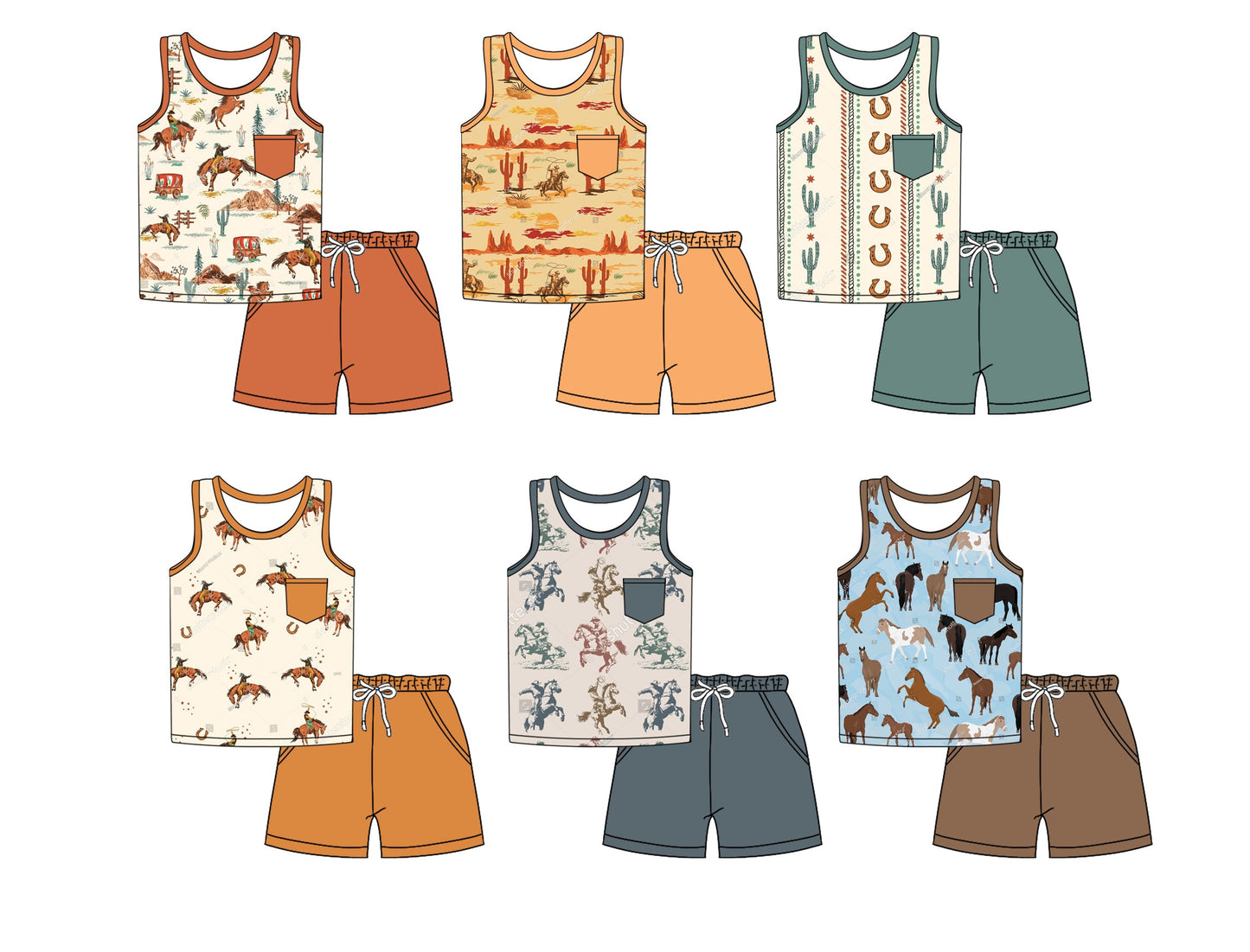 Baby Boy Sleeveless Western Horse Vest Shirt Sibling Set ( Moq 5 Each Style ) 2.27