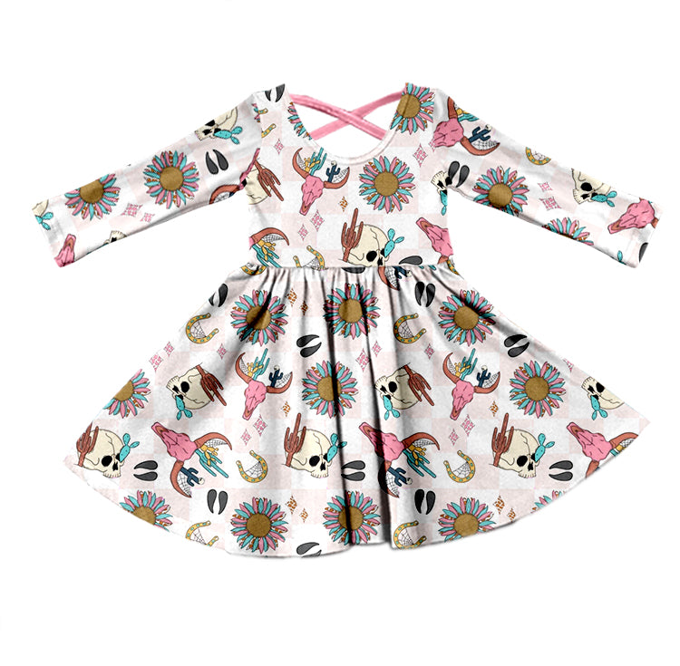 Baby Girl Long Sleeves Western Cow Sunflower Dress Moq 5