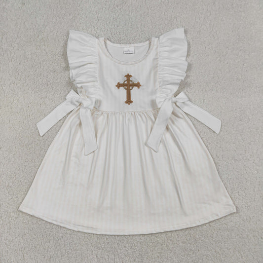 Baby Girls Kids Sleeveless Embroidery Cross Bows Easter Knee Length Dress RTS
