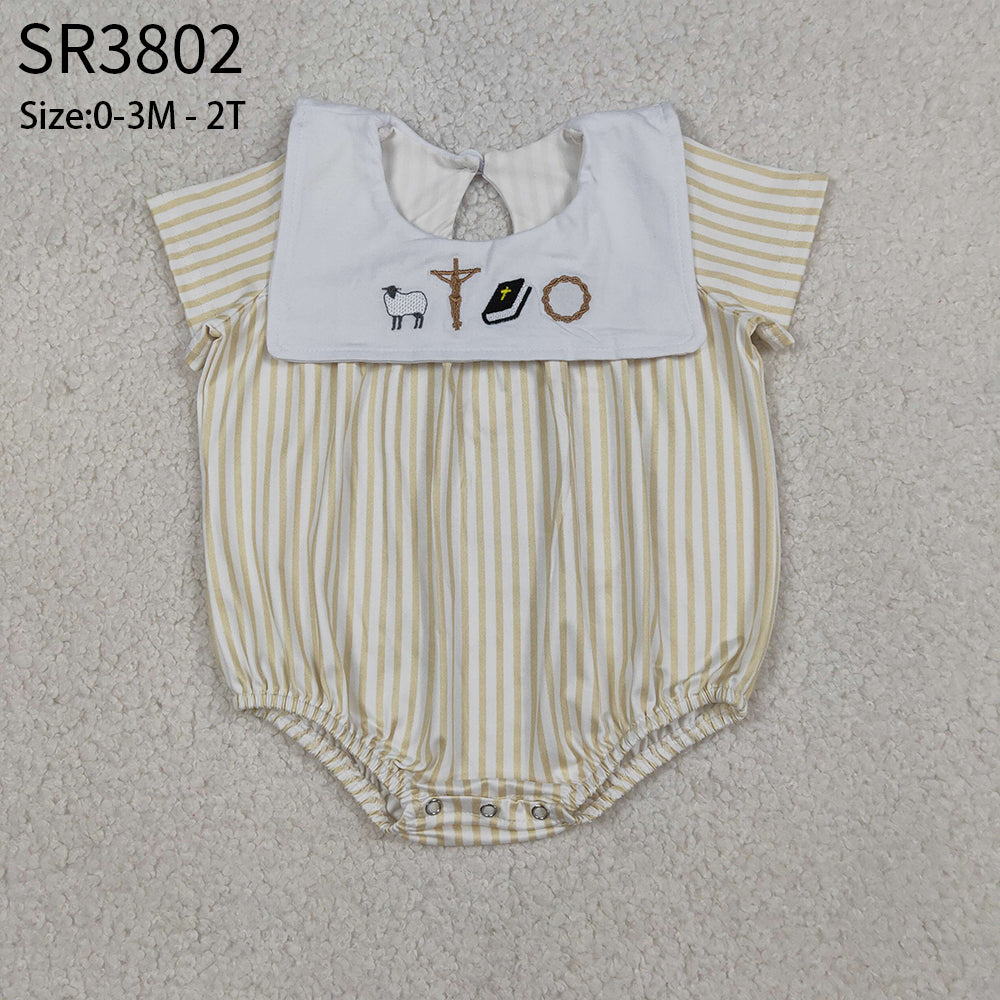 Baby Boys Infant Short Sleeves Embroidery Crosses Stripes Easter Bubble Romper RTS