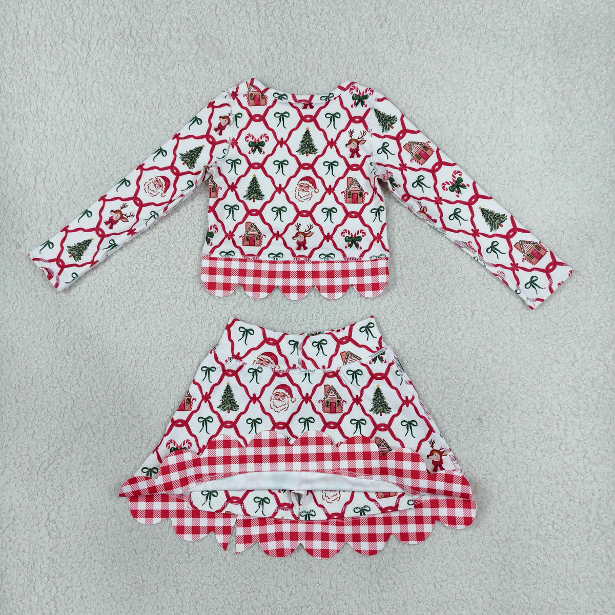 Baby Girls Kids Christmas Santa Shirt Bows Scallop Skirt Shorts Yoga Active Set Clothes RTS