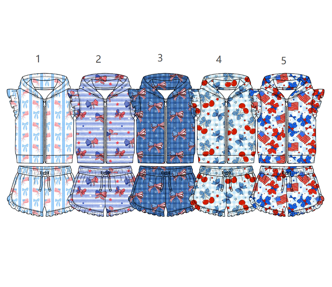 ( Moq 5 Each Style ) Sibling Baby Girls Kids Bows Zipper Hoodie Tops Shorts 4th of July Sets Clothes