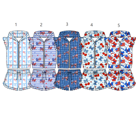 ( Moq 5 Each Style ) Sibling Baby Girls Kids Bows Zipper Hoodie Tops Shorts 4th of July Sets Clothes