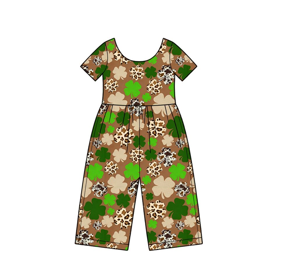 ( Moq 5 ) Preorder Baby Girl Kids Short Sleeves Leopard Clovers Pants Jumpsuit St Patrick Clothes