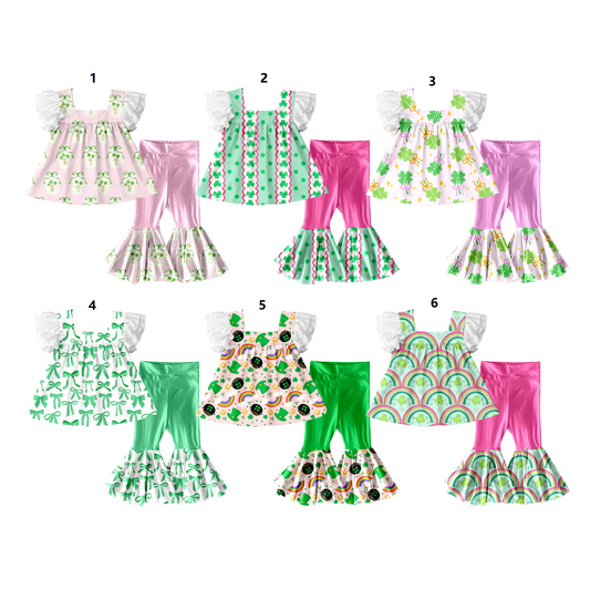 ( Moq 5 Each Style ) Sibling Baby Girls Short Sleeves Clovers St. Patrick's Day Tops Bell Pants Sets