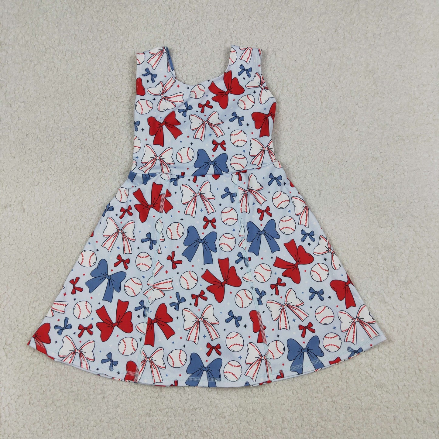 Baby Girls Toddler Baseball Bows Flags 4th of July Yoga Shorts Knee Length Dress Blue Clothes RTS