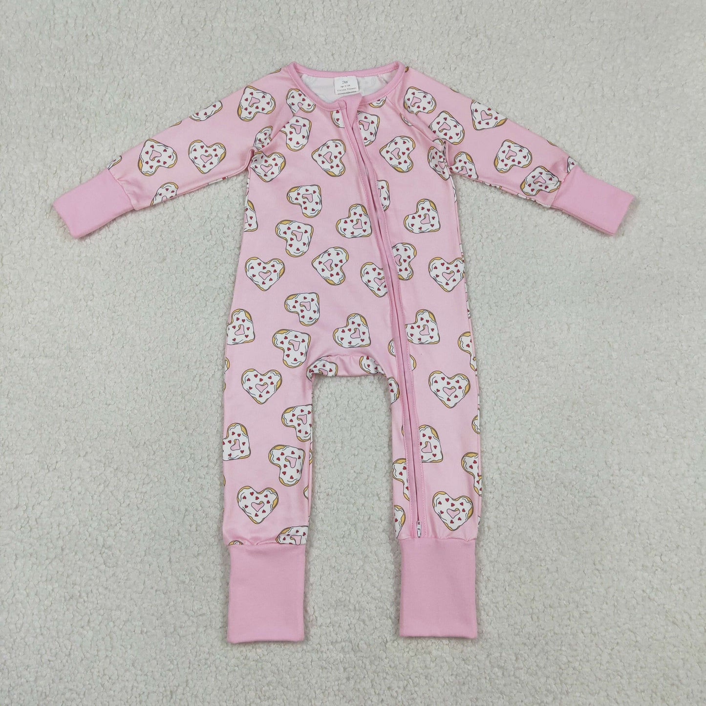 Sibling Baby Girls Kids Long Sleeves Donuts Hearts Valentines Pink Zipper Romper Pajamas Set RTS
