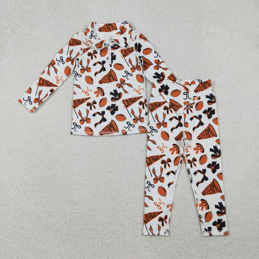 Kids Girls Orange Bows Pockets Zipper Shirt Pants Yoga Football Cheer Set RTS
