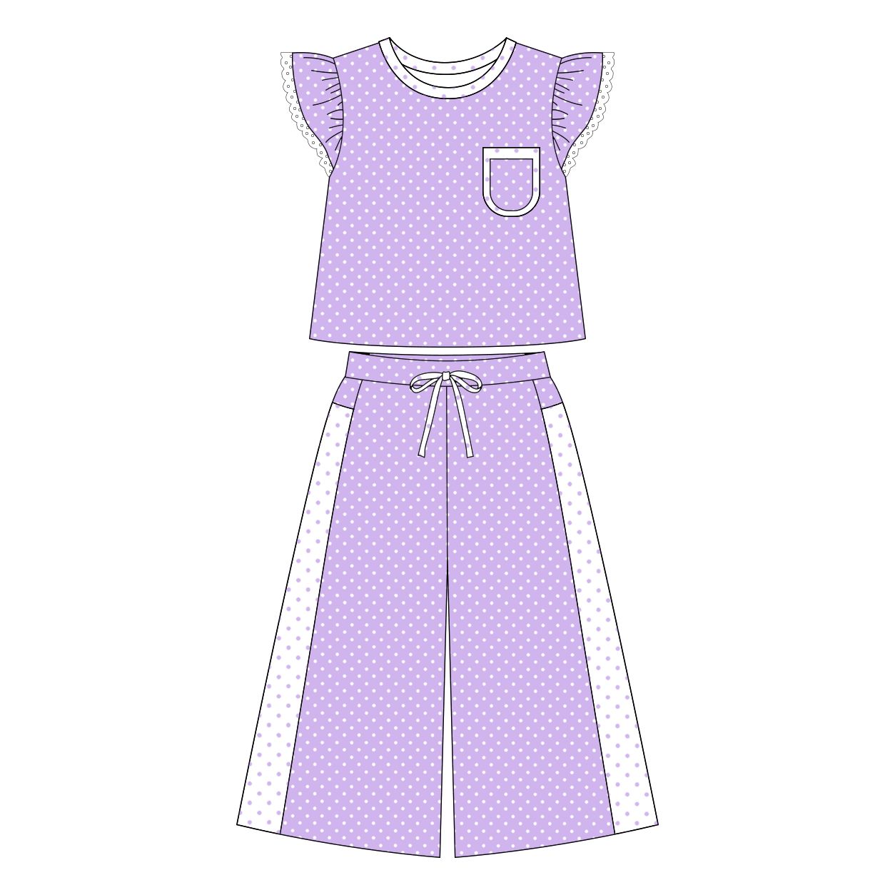 ( Moq 5 ) Preorder Baby Girl Kids Short Sleeves Pocket Shirt Dots Pants Lavender Set Clothes