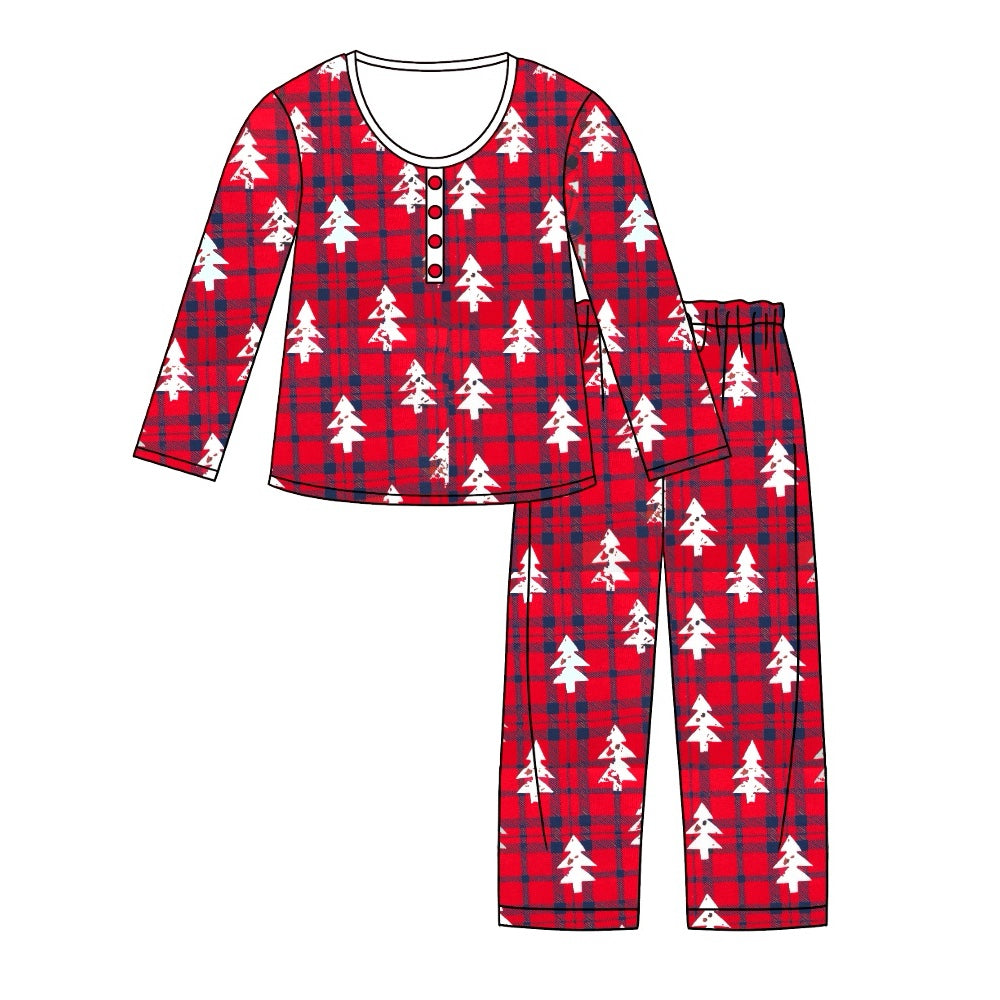 Adult Women Christmas Checkered Tree Shirt Pants Pajamas Set