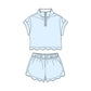 ( Moq 5 ) Preorder Baby Girls Kids Short Sleeves Zipper Shirt Scallop Shorts Set Blue Clothes