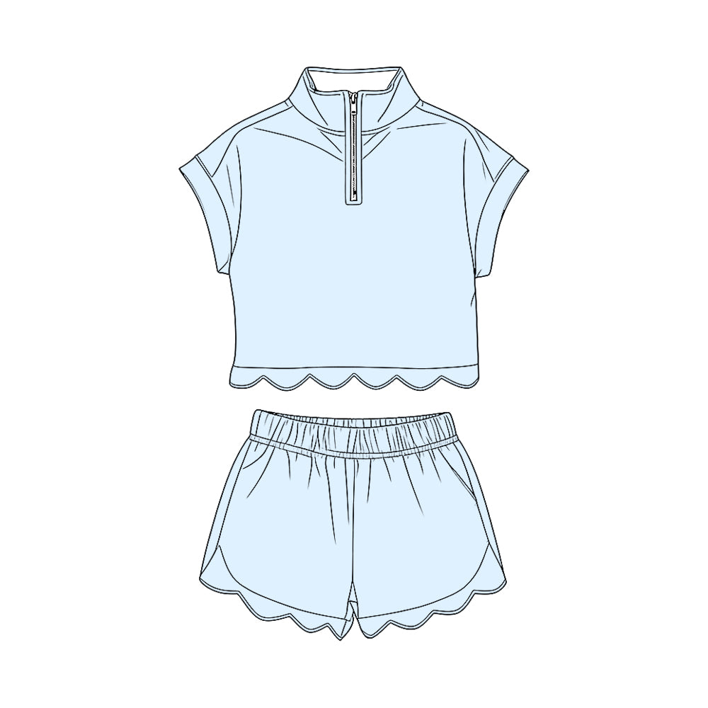 ( Moq 5 ) Preorder Baby Girls Kids Short Sleeves Zipper Shirt Scallop Shorts Set Blue Clothes