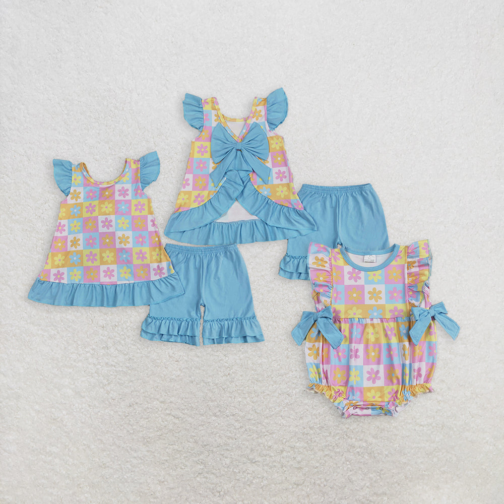 Baby Girl Short Sleeves Flower Plaid Blue Bows  Sibling Romper Set RTS