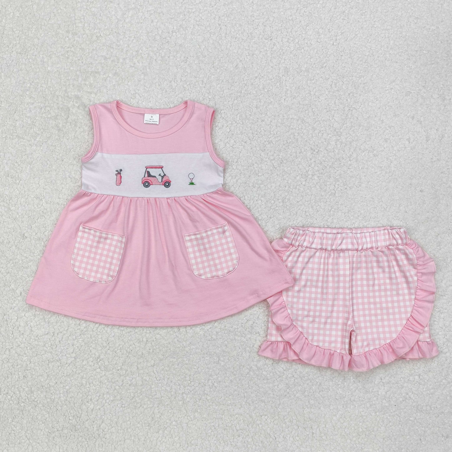 Baby Girl Sleeveless Embroidery Golf Tunic Ruffle Shorts Clothes Pink Set