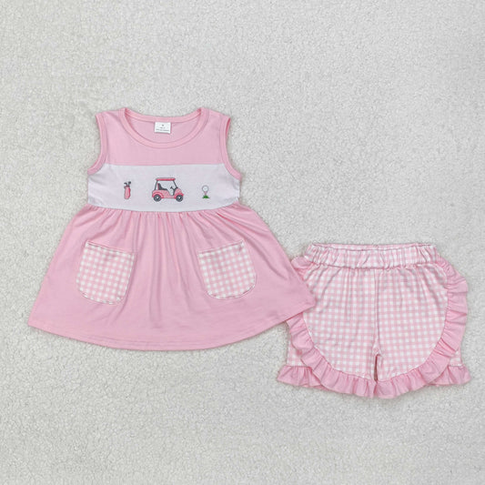 Baby Girl Sleeveless Embroidery Golf Tunic Ruffle Shorts Clothes Pink Set