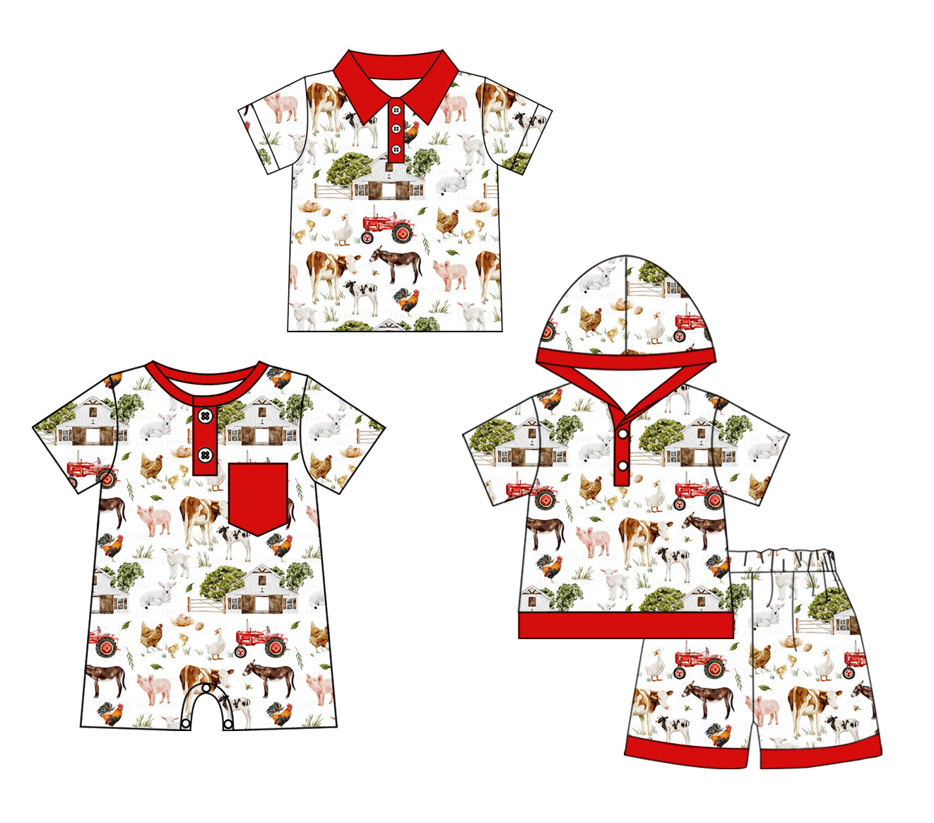 Baby Boy Short Sleeves Farm Animals Tractor Sibling Romper Clothes Set ( Moq 5 Each Design )11.23