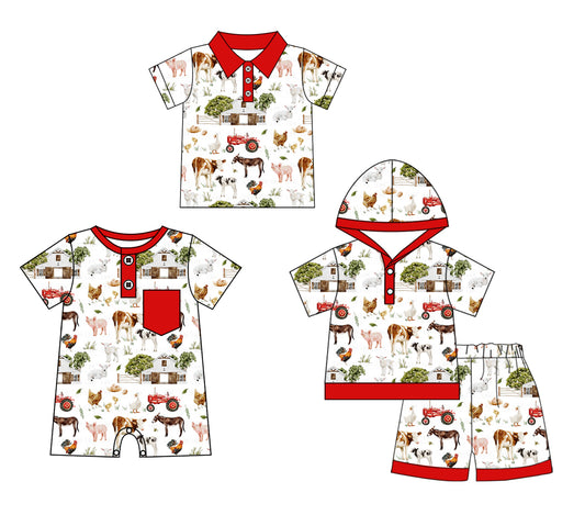 Baby Boy Short Sleeves Farm Animals Tractor Sibling Romper Clothes Set ( Moq 5 Each Design )11.23