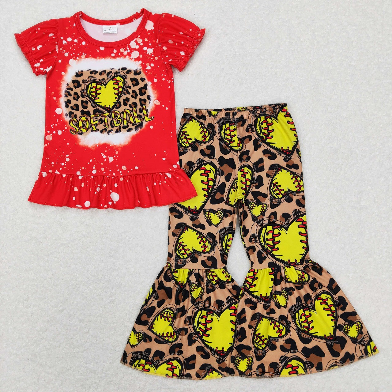 GSPO1086 Baby Girl Short Sleeves Softball Shirt Leopard Bell Pants Set