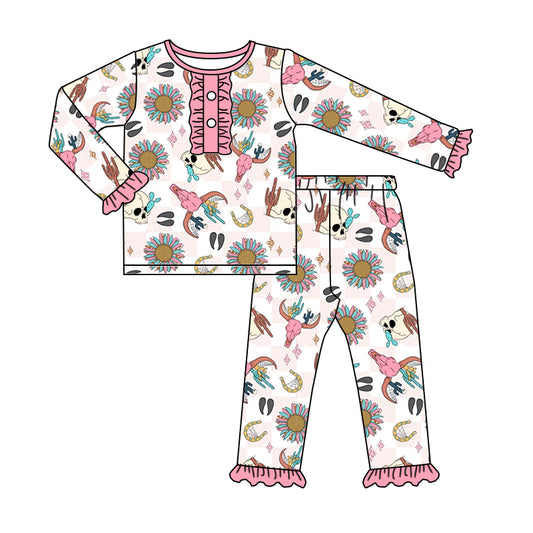 Baby Girl Western Long Sleeves Cow Sunflower Pants Outfit Pajamas Moq 5