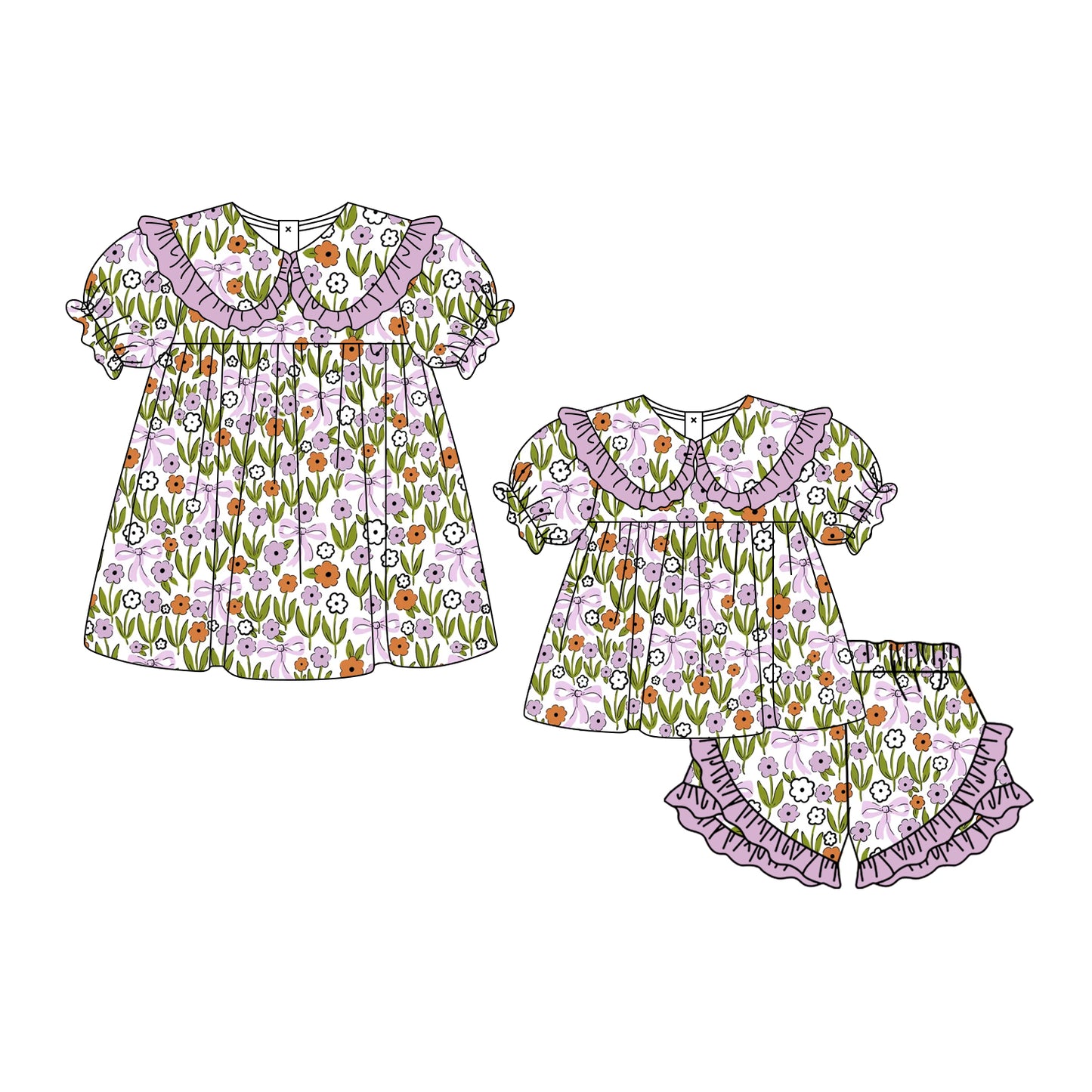 ( Moq 5 Each Style ) Baby Girls Kids Purple Flower Bows Short Sleeves Sibling Summer Dress Set