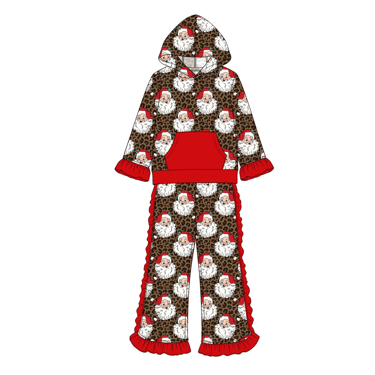 ( Moq 5 ) Preorder Baby Girls Kids Christmas Santa Leopard Hoodie Pocket Hoodie Ruffle Pants Set Clothes