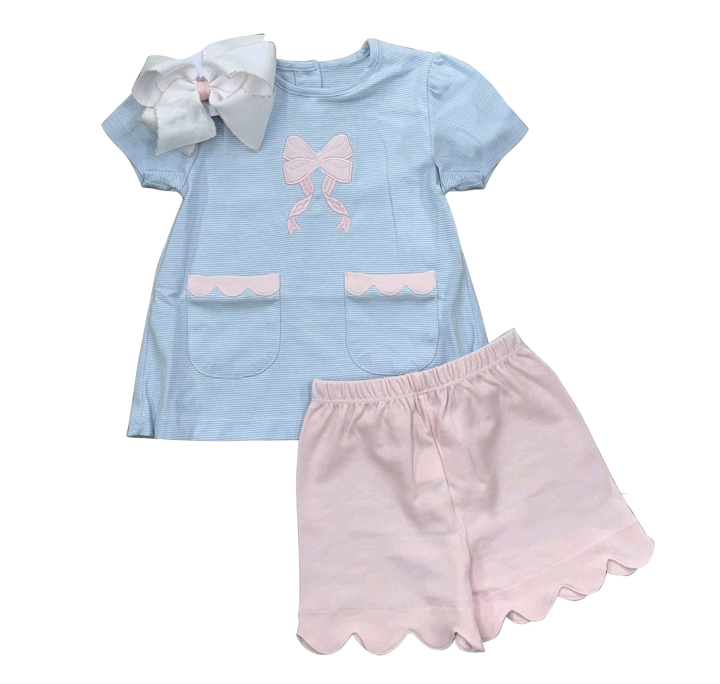 ( Moq 5 ) Preorder Baby Girls Kids Short Sleeves Bows Pockets Stripes Tops Pink Scallop Shorts Set Clothes