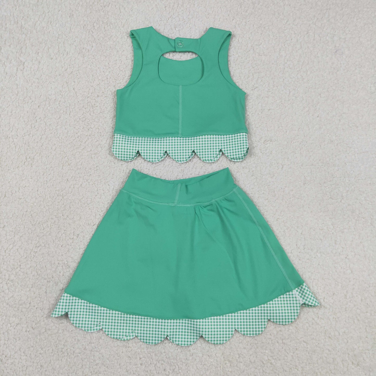 Sibling Baby Girls Kids Green Plaid Bows Skort Yoga Active Dress Set Scallop Clothes RTS