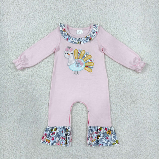 Baby Girls Infant Embroidery turkey Flower Thanksgiving Romper Pink Clothes RTS