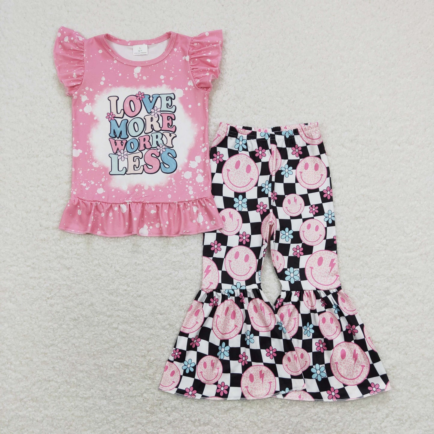 GSPO1311 Baby Girl Short Sleeves Love More Worry Less Shirt Smile Floral Checkered Bell Pants Set