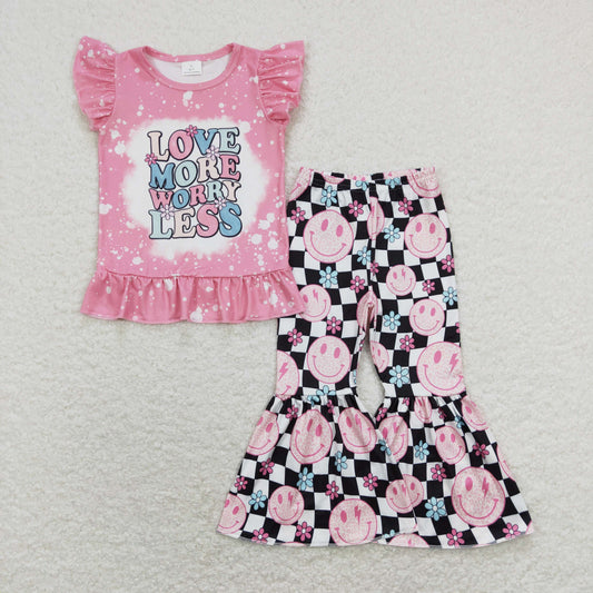 GSPO1311 Baby Girl Short Sleeves Love More Worry Less Shirt Smile Floral Checkered Bell Pants Set