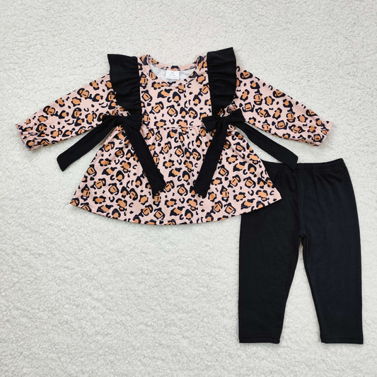 Baby Girl Long Sleeves Leopard Bows Tunic Tops Black Cotton Pants Set