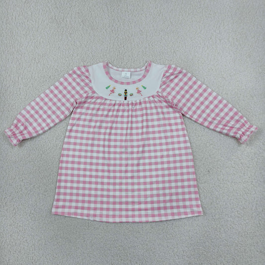 Baby Girls Kids Long Sleeves Embroidery Pink Plaid Knee Length Dress Christmas Clothes RTS